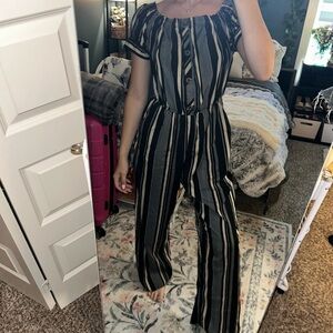Indulge Black and Tan Off-Shoulder Jumpsuit